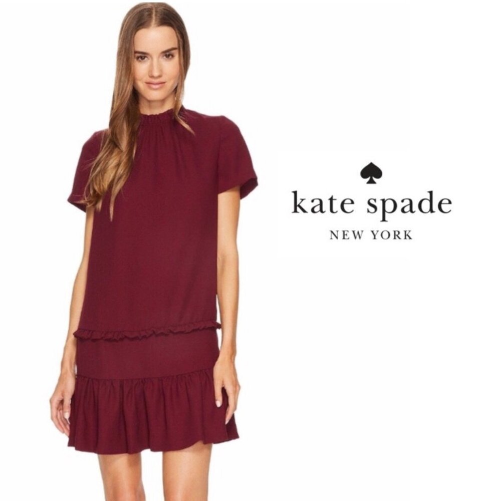 Kate Spade Large Mini Dress Short Sleeve Ruffle Deep Cherry Burgundy